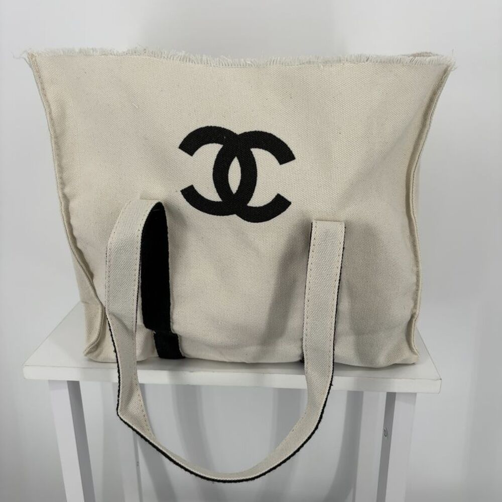 CHANEL Cream & Black Canvas Tote Bag